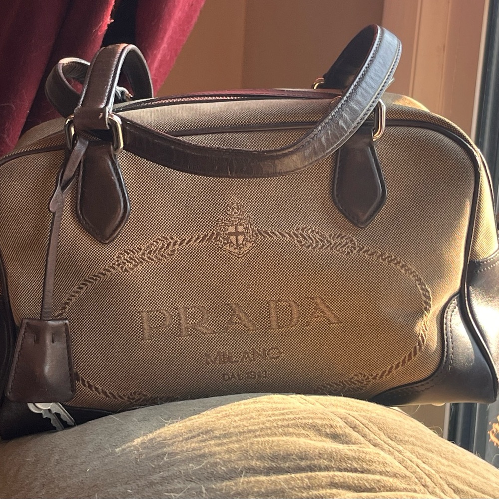 Prada Beige/Brown Bauletto Boston Shoulder Bag Jacquard Logo Canvas.